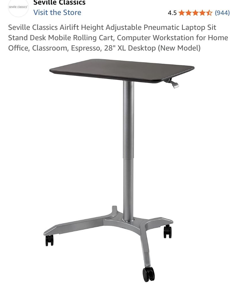 Seville Classics Airlift Height Adjustable Pneumatic Laptop Sit Stand Desk Mobile Rolling Cart, Computer Workstation for Home Office, Classroom, Espre
