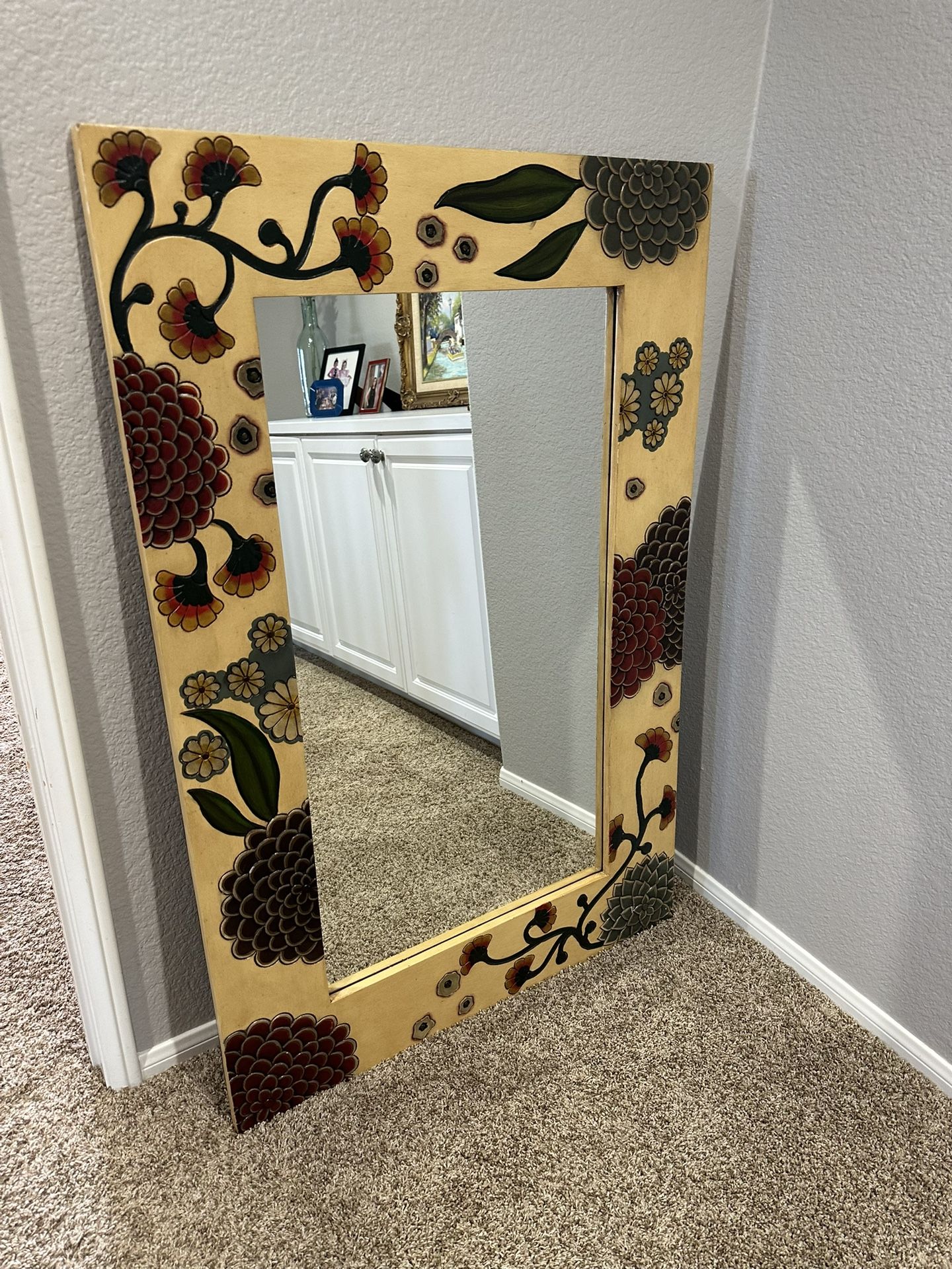 Wooden Floral Carved Frame Mirror With Carved Painted Floral Frame XL Wall Decor