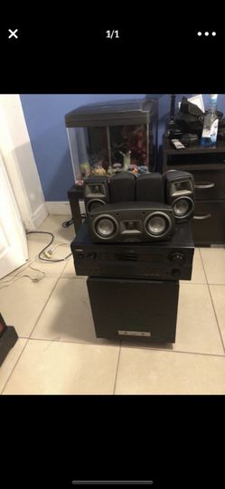 Yamaha receiver with speakers and JBL subwoofer