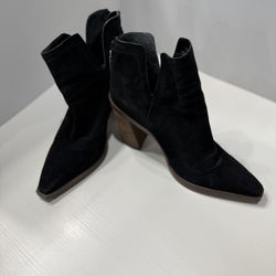 Black Suede Ankle Boot With Wooden Heel And Cutout Detail