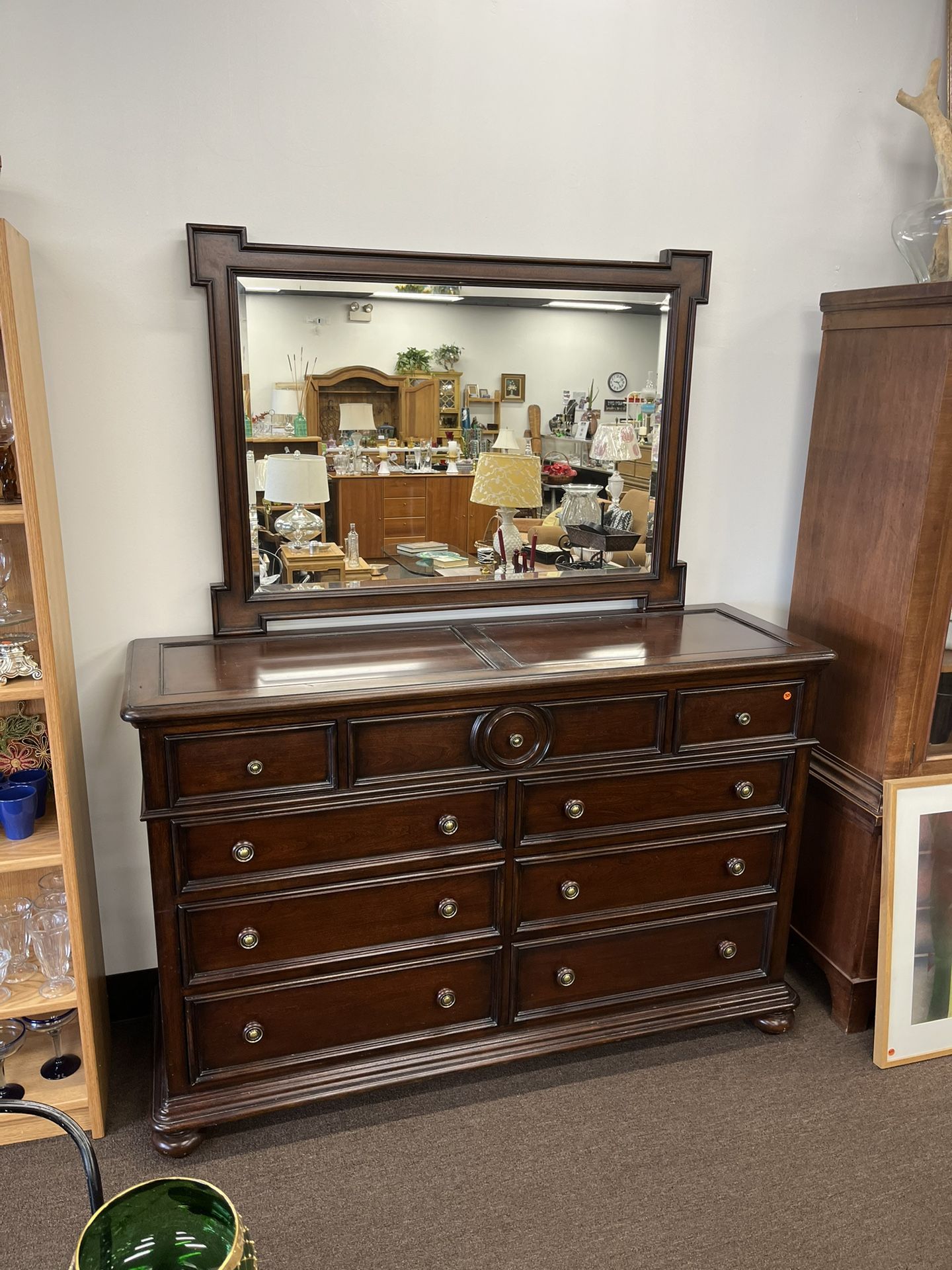 Walter E Smithe Dark Dresser & Mirror