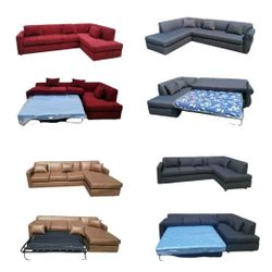  Brand NEW 9x7ft And 7X9FT SECTIONAL WITH SLEEPER CHAISE, Domino BLACK, CHARCOAL, Cinnabar  Fabric,  Dakota CAMEL LEATHER/ More Color FABRIC Available