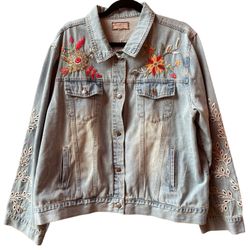 Johnny Was Lidia Denim Jacket Jeans Blue Butterflies Flowers Sz: L.