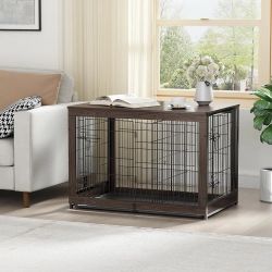 Piskyet Wooden Dog Crate Furniture with Divider Panel, Dog Crate End Table with Fixable Slide Tray, Double Doors Dog Kennel Furniture Large Breed(L:37