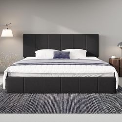 King Size Dutch Velvet Upholstered Platform Bed Frame/Vertical Channel Tufted Adjustable Headboard/Low Profile Bed Frame/No Box Spring Needed/Easy Ass