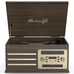 Vinyl Record Player 10-in-1 Music Center Turntable Built-in Speakers Support 3 Speed BT Wireless Input/Output AM/FM Radio CD Cassette Tape Player Aux 