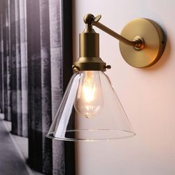 Industrial Vintage Pole Wall Mount Single Sconce with Funnel Flared Clear Glass Shade