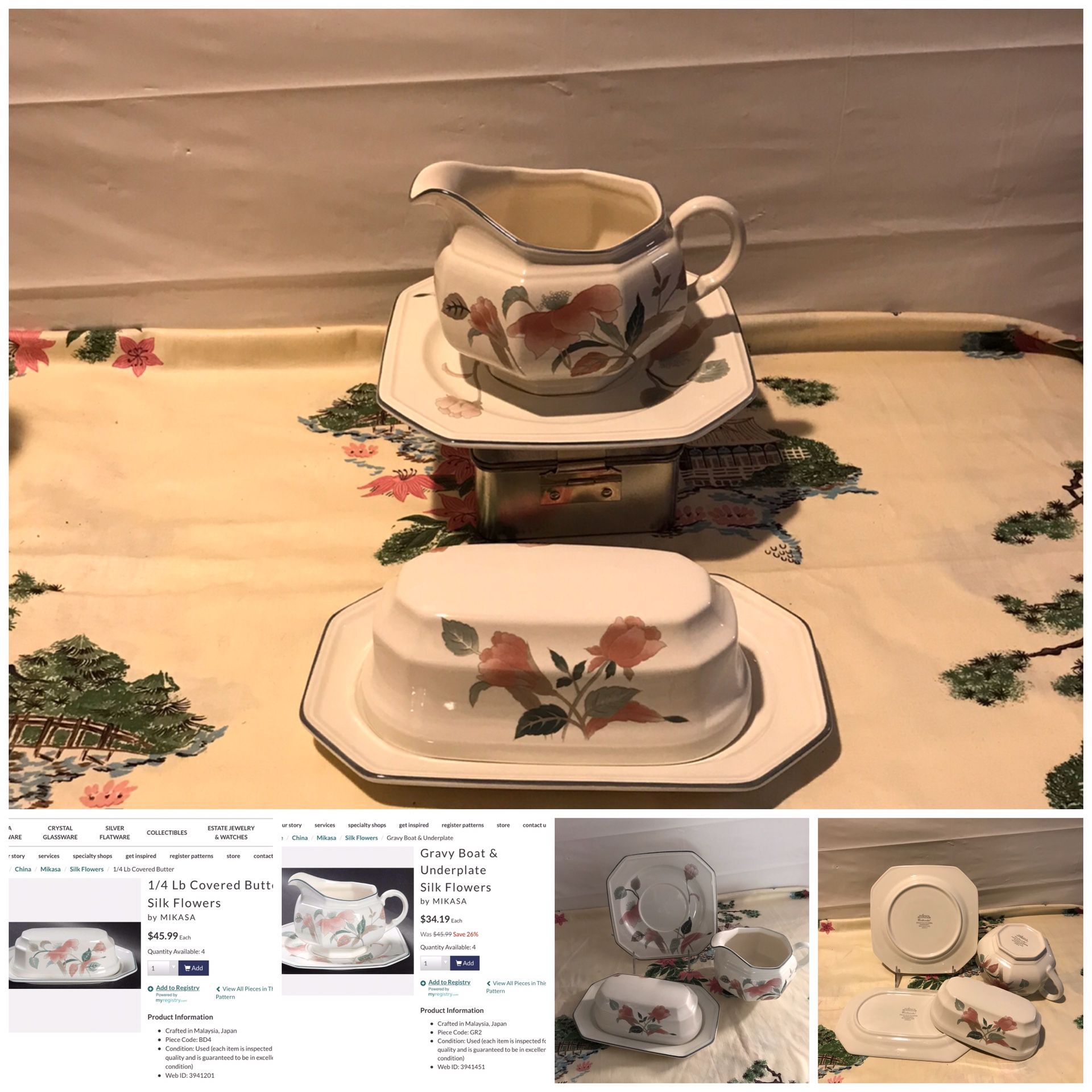 NWOT MIKASA f-3003 silk flowers gravy boat w under-plate & butter dish set. Pristine condition.