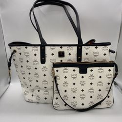 MCM Visetos Reversible Shopper Tote + Zip Pouch White Black 100% Authentic