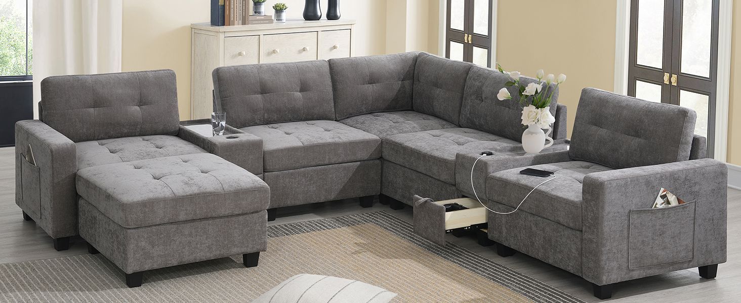 104'' Sectional Sofa with Acrylic Table Top,Chenille U Shaped Couch Set with 2 Consoles,USB Charger,Storage Drawers and Pockets,Movable Ottoman,Tufted