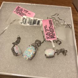 8.0mm Cushion-Cut Lab-Created Opal and White Sapphire Pendant in Sterling Silver, Earrings Set