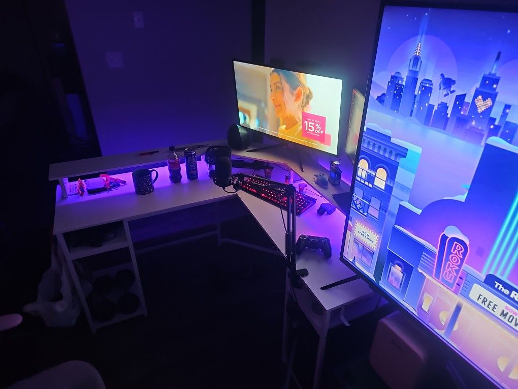 2 White L SHAPE DESKS RGB LED LIGHTS LIKE NEW