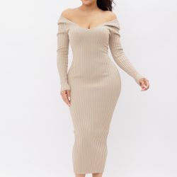 Cream Ribbed Long Sleeve Dress