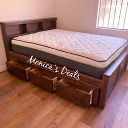 Queen Solid Wood Bed With 3 Drawers And Mattress $760