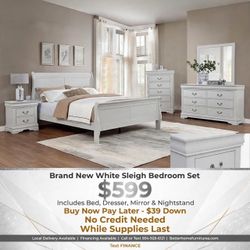 White Sleigh Bedroom Set – Bed, Dresser, Mirror & Nightstand