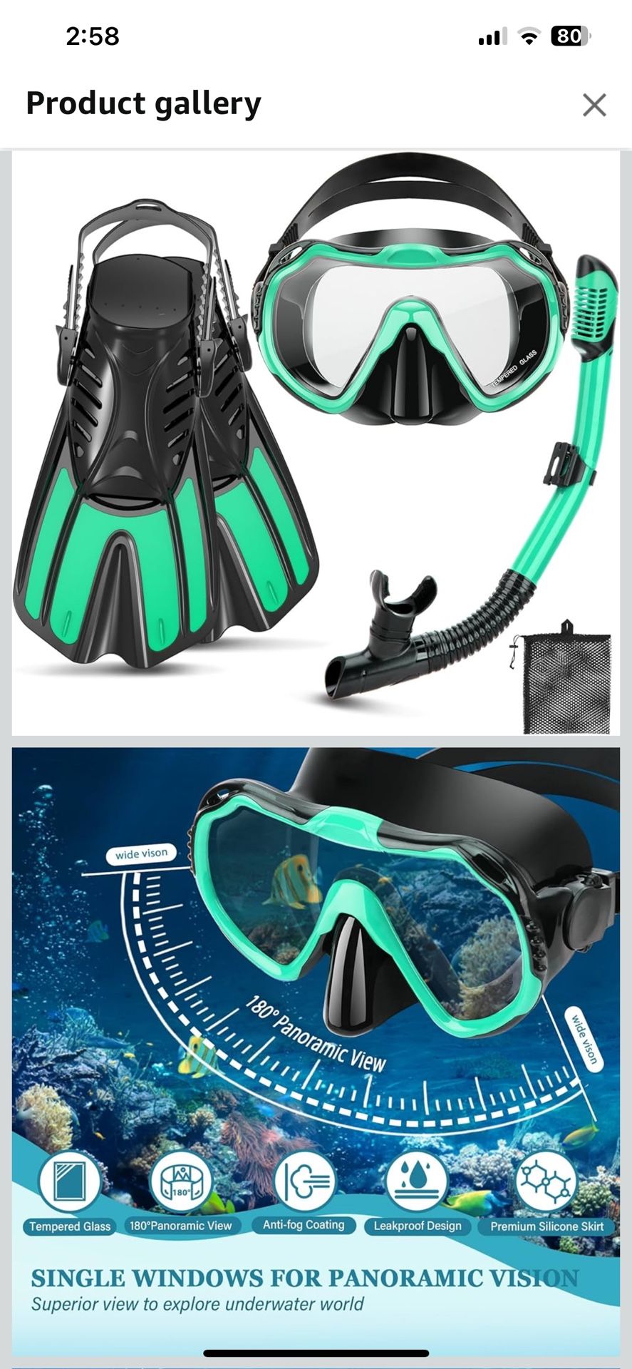 Snorkeling Gear for Adults, 4 in 1 Travel Size Mask Fins Snorkel Set with Panoramic View Anti Fog Mask, Dry Top Snorkel, Trek Fins and Travel Bag, Sno