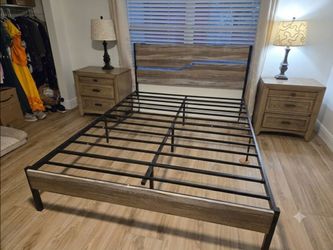 Metal and Wood Platform Queen Bed Frame