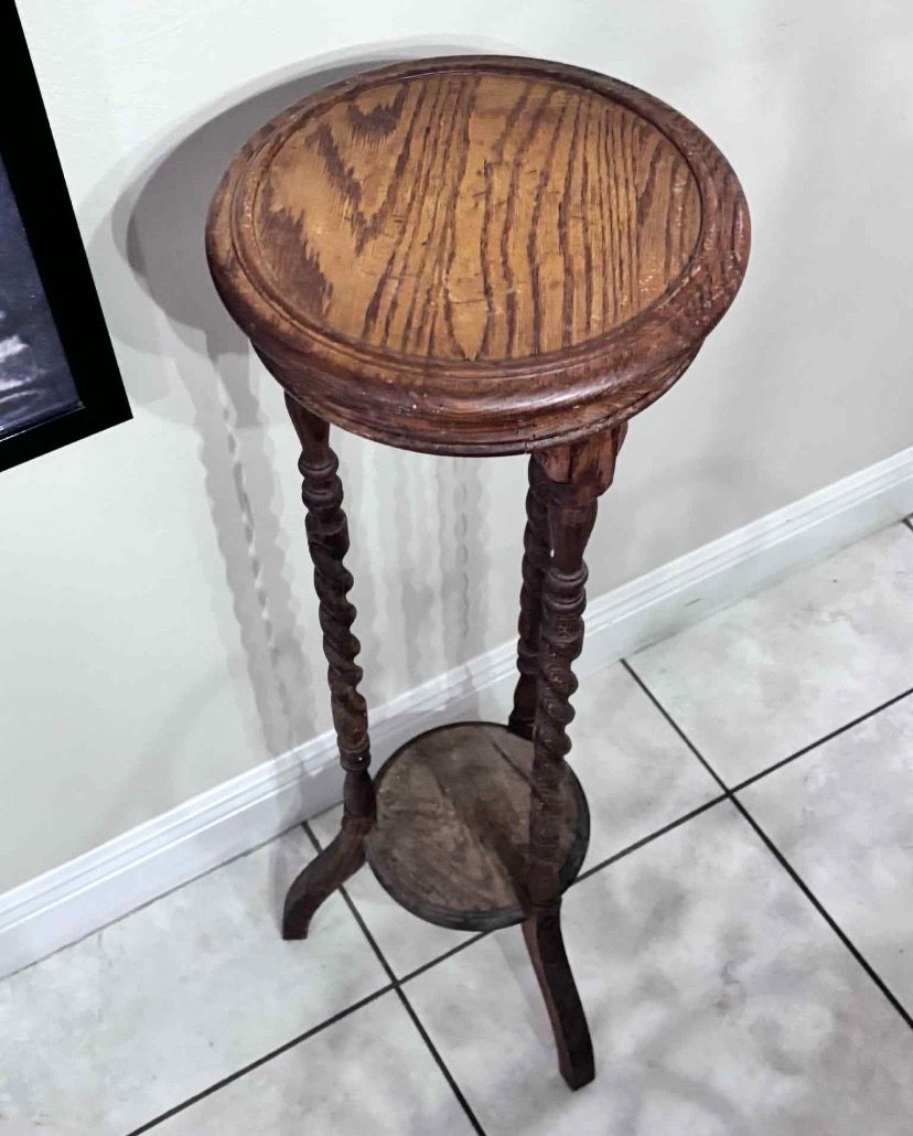 Vintage Solid Oak Circular Carved Leg Plant Stand