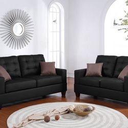 Black Faux Leather Sofa And Love Seat