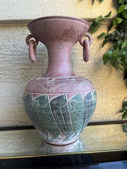 Large Mediterranean Style Terracotta Vase – Carved Fish Motif, 19” Tall