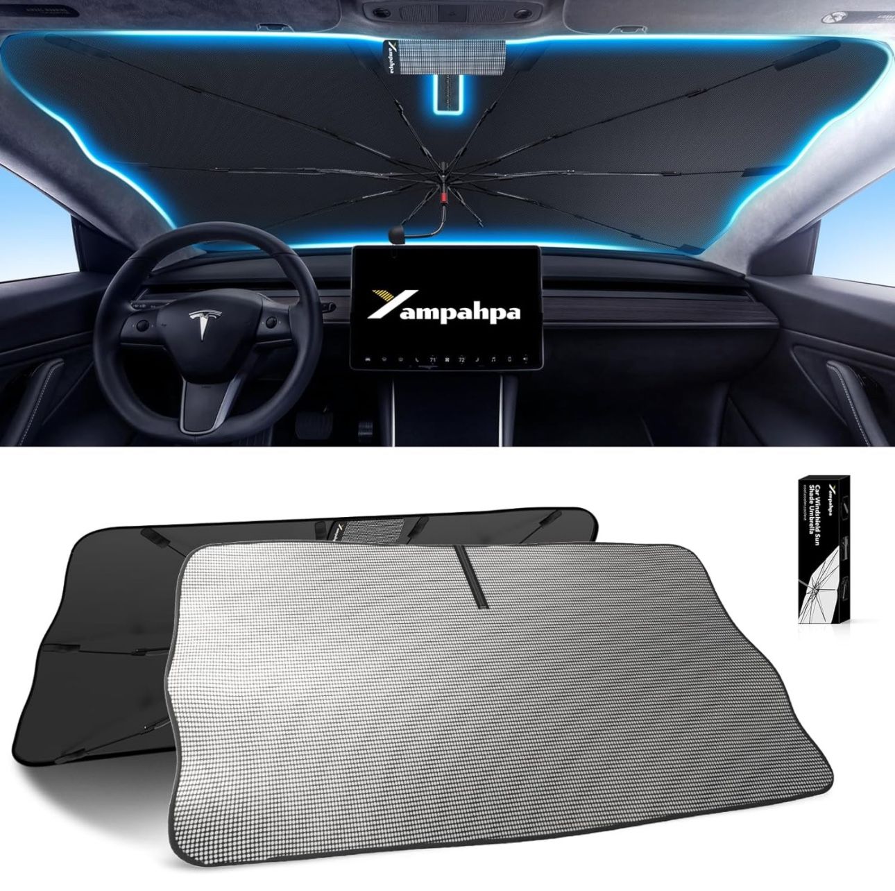 BRAND NEW Windshield Sun Shade Umbrella With 360° Rotation Bendable Handle for Cars, (57”x31”)