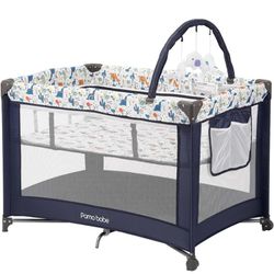 Portable Playard,Sturdy Playard with Padded Mat and Toy bar with Soft Toys (Blue)
