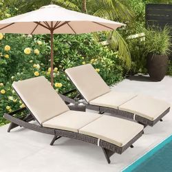 2pc Patio Rattan Reclining Sun Lounge Chaise Adjustable with Cushion