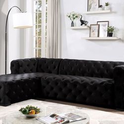 All New Black Or Gray Tufted Velvet 109 Inch Sectional With 73 Inch Chaise $899 While Supplies Last 