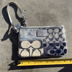 Used Coach Signature Silver/Denim/Multi F47682 Patchwork Large Flat Wristlet