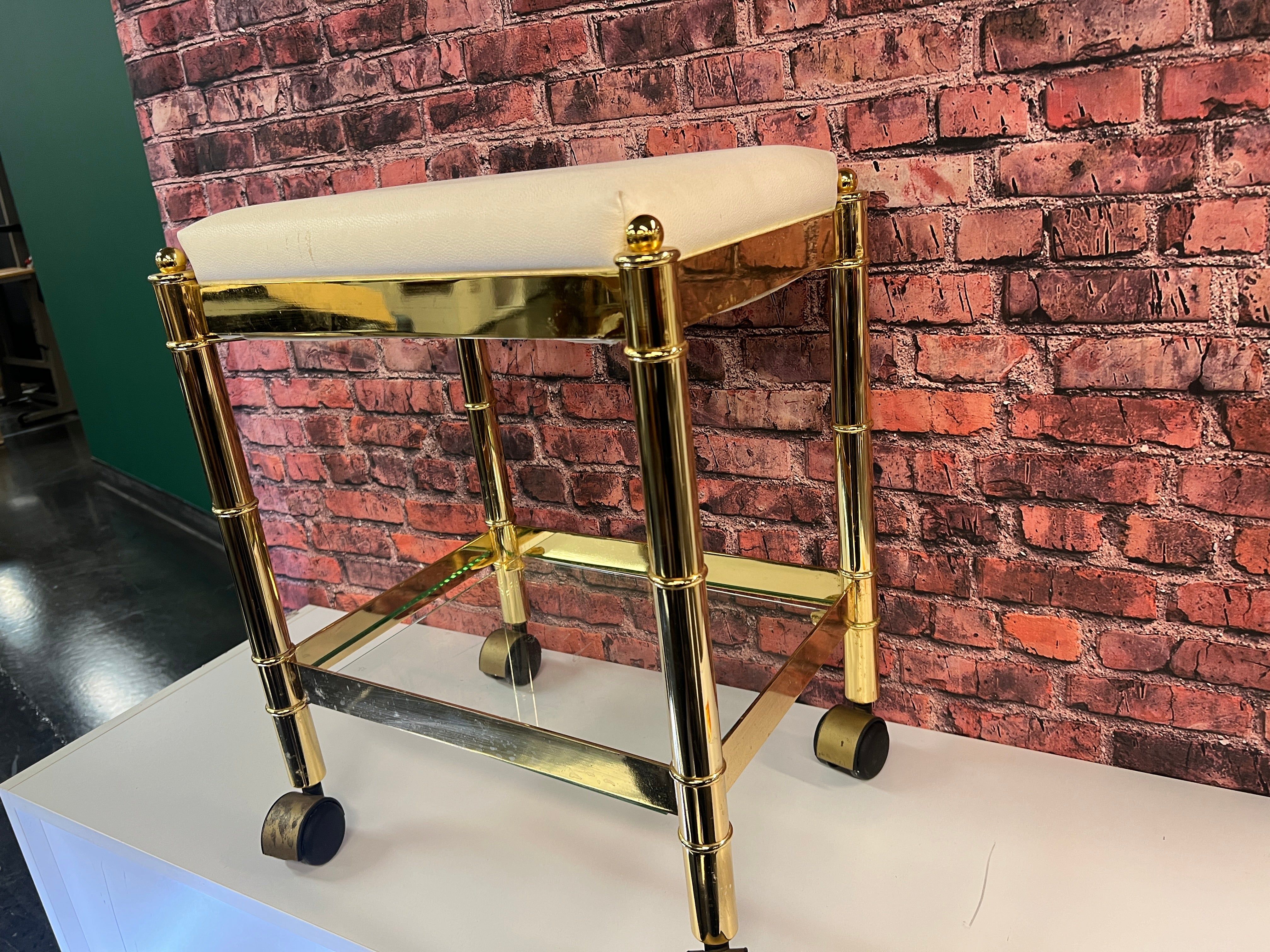 Vintage Gold Bench Cart Glass Shelves W/ White Cushion