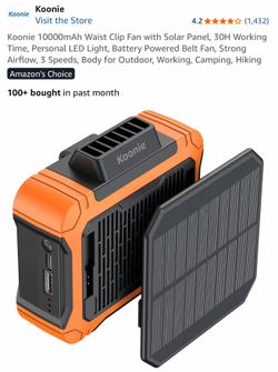 New Koonie 10000mAh Waist Clip Fan with Solar Panel,