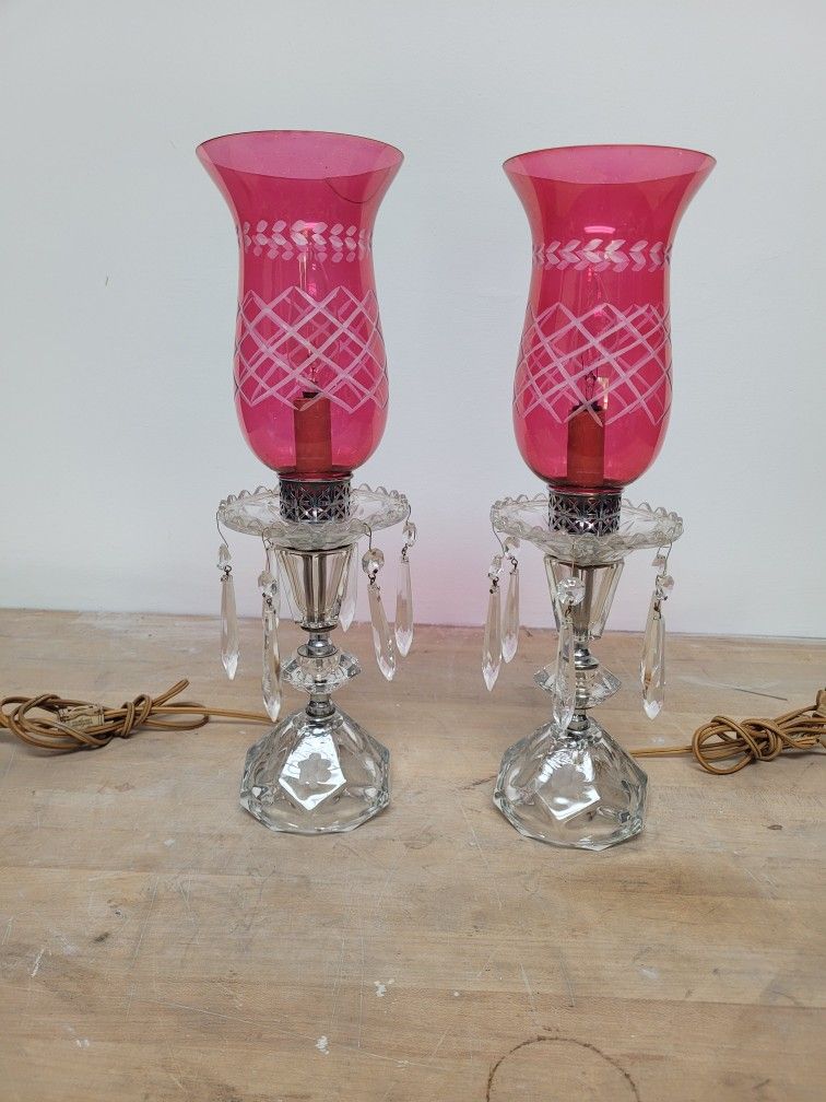 Pair Of Antique Victorian Hurricane Prism Lamps
