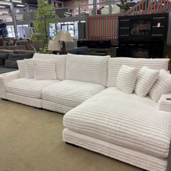 Palm Springs Ivory Jumbo Corduroy 3pc Reversible Sectional Sofa w/ Dual Cupholders & USB Ports