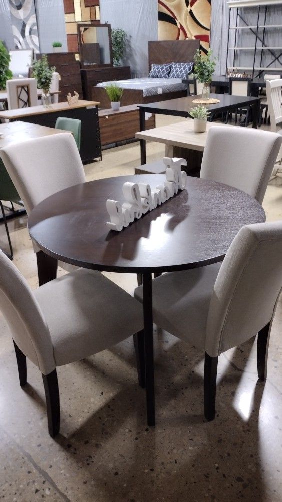 Round Dining Set With 4 Beige Fabric Chairs