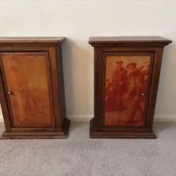 Antique Wood Cabinets, lot of 2, golf themed detailing on single door with knob, decorative base and top trim, 2 interior shelves, 20”W x 29”H x 10”D,