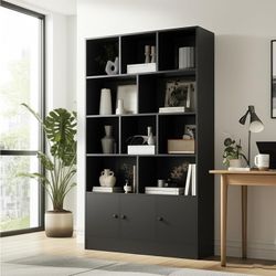 Black 5-Tier Bookshelf, 13-Cube Storage Cabinet with 3 Doors, Freestanding Bookcase for Living Room & Home Office, 35.4” W x 11.8” D x 65” H