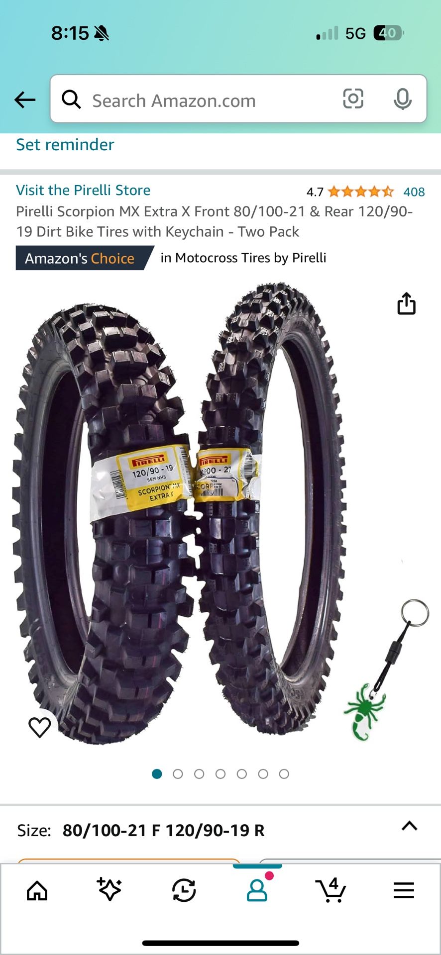 Pirelli Scorpion MX Extra X Front 80/100-21 & Rear 120/90- 19 Dirt Bike Tires with Keychain - Two Pack