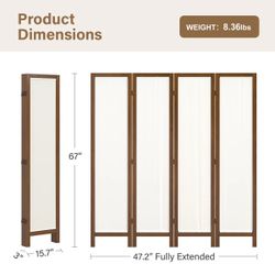 4-Panel Washable Fabric Room Divider, Walnut Color Frame