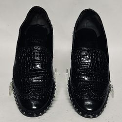 Adrianna Papell Shoes Size 6.5 M Black Leather Shinny Studded Slip On Heel Read