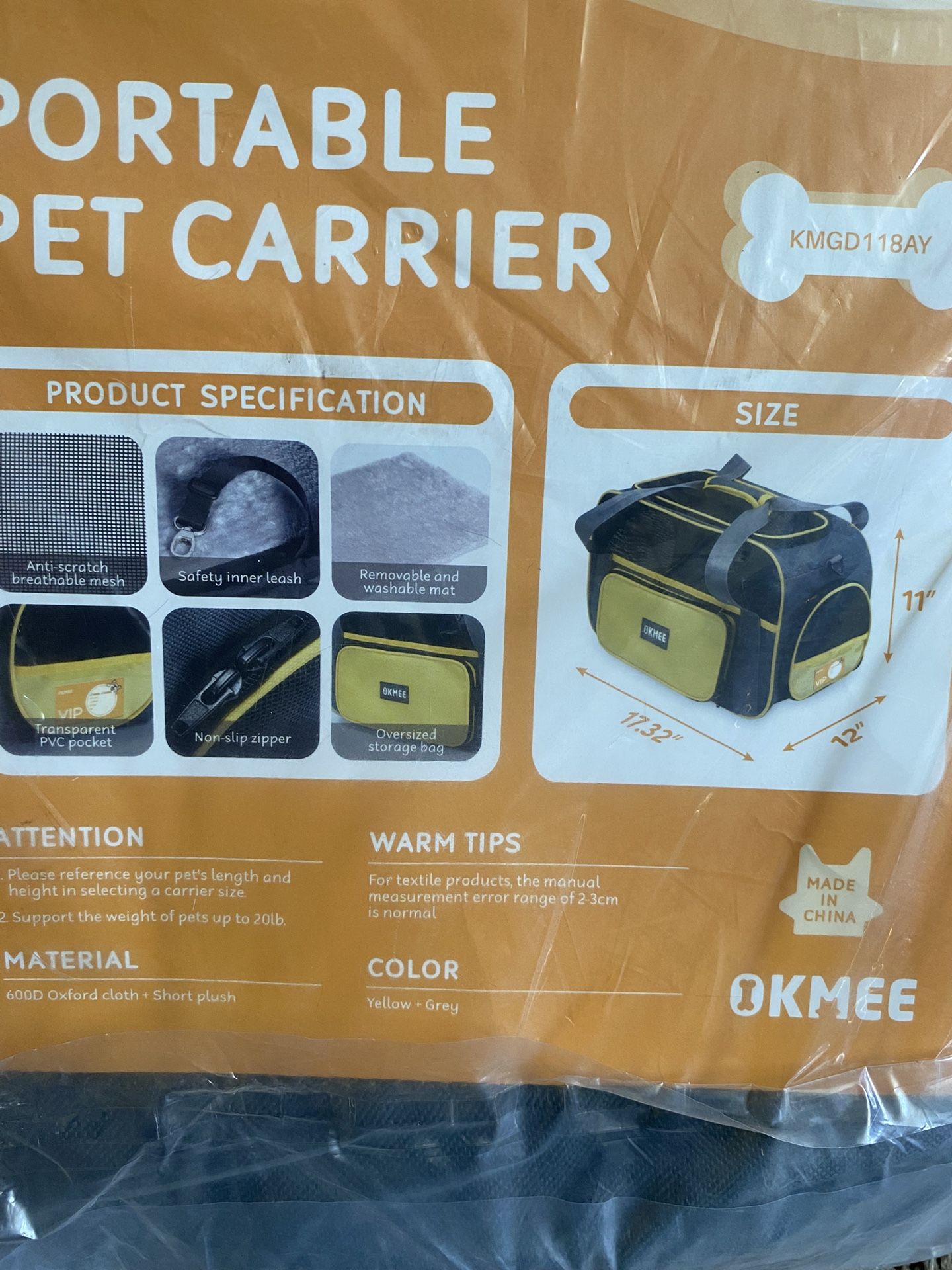 Okmee Portable Pet Carrier Cat/Small Dog, Grey & Yellow Easy Storage NEW In Pack