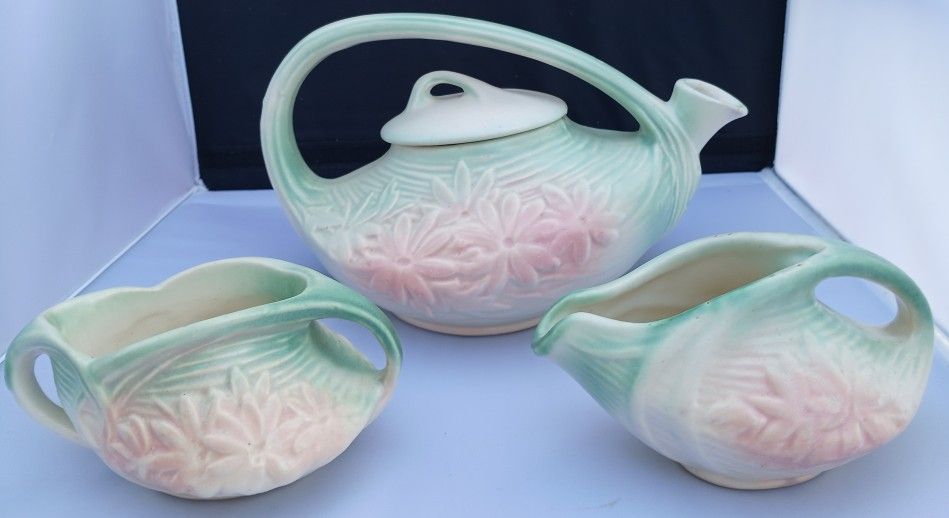 Vintage McCoy Daisy Teapot, Creamer, And Sugar Bowl