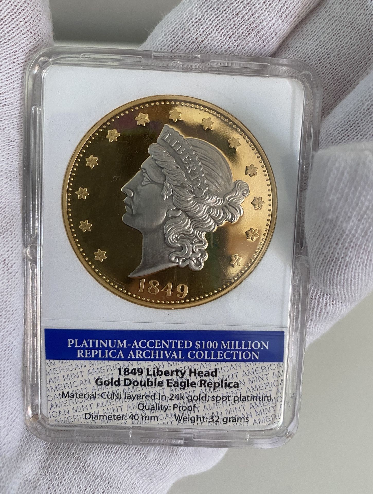 1849 Liberty Head $20 Double Eagle Replica – Proof Gold/Platinum Accents