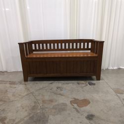 Brown Wood Slat-Back Entryway Storage Bench