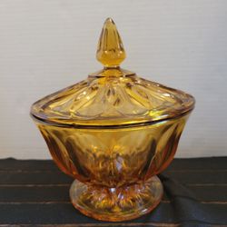 Vintage Anchor Hocking Amber Thumb Print Covered Compote Dish 7"x6"