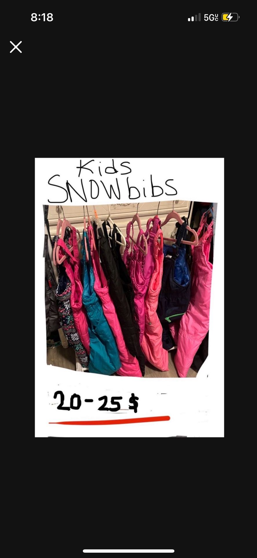 KIDS SNOWBIBS /SNOW PANTS  20$ -25$  EACH pick up location downtown LA/you need station area. I also have Boots for kids $20. Please have exact cashh.