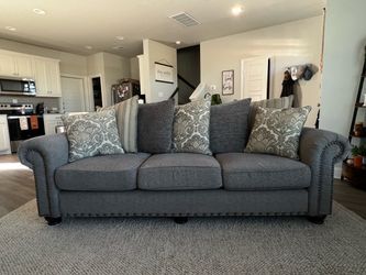 Gray Fabric Sofa with Nailhead Trim
