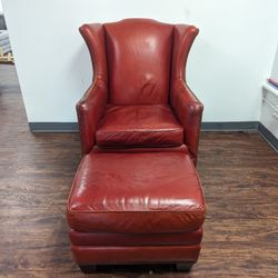 Modern Red Genuine Leather Arm Chair with Ottoman