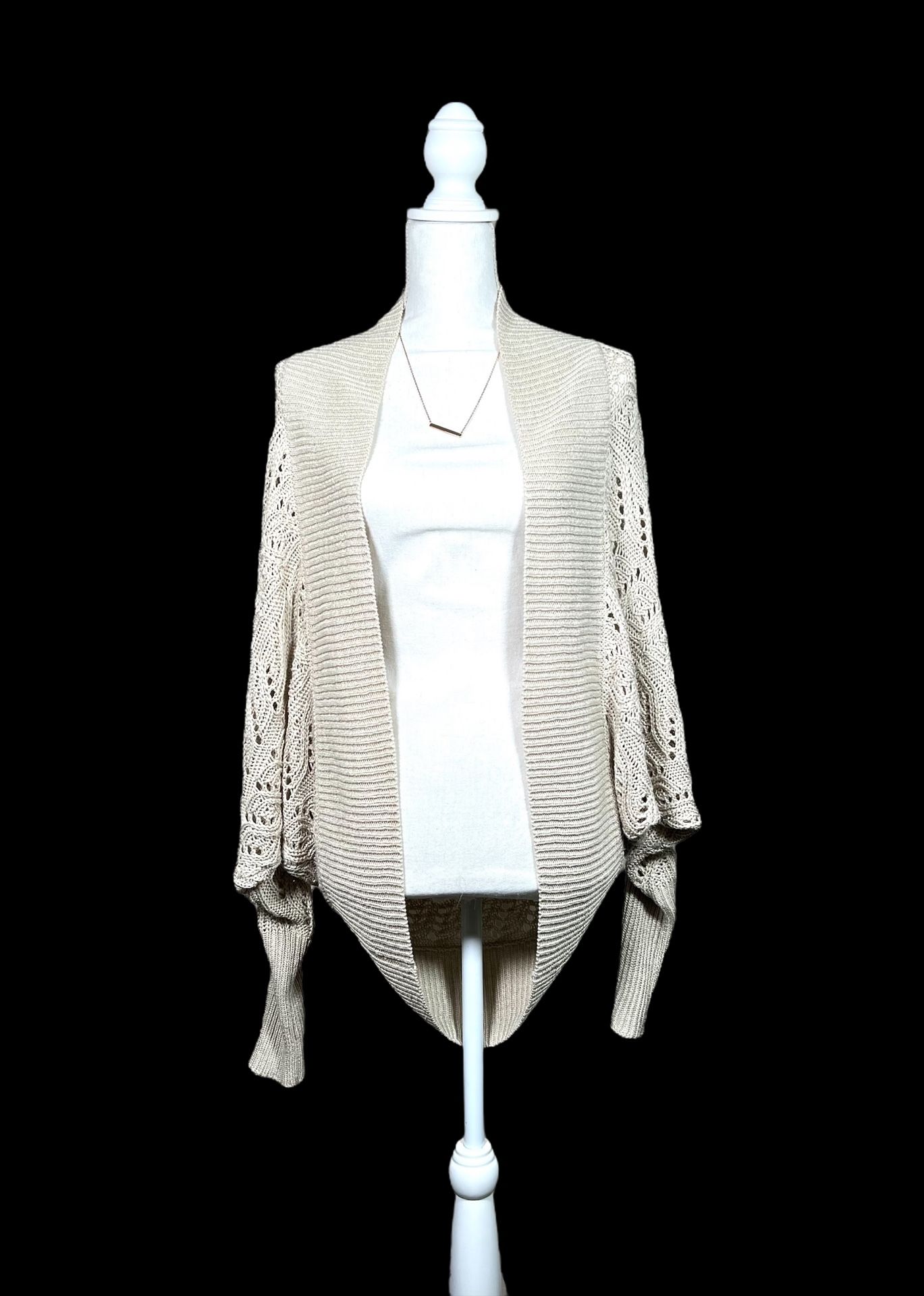 Zara Knit Crochet Shawl Beige Cardigan 3/4 Sleeve Sz M