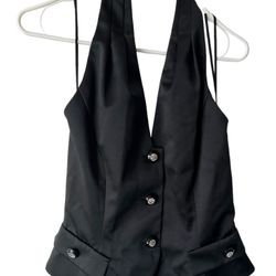Vintage A.J. Bari Neiman Marcus Halter Vest Buttons RT Rhinestones Sz 10 Black  comes from a pet and smoke free home. Measurements in pictures.Add a t