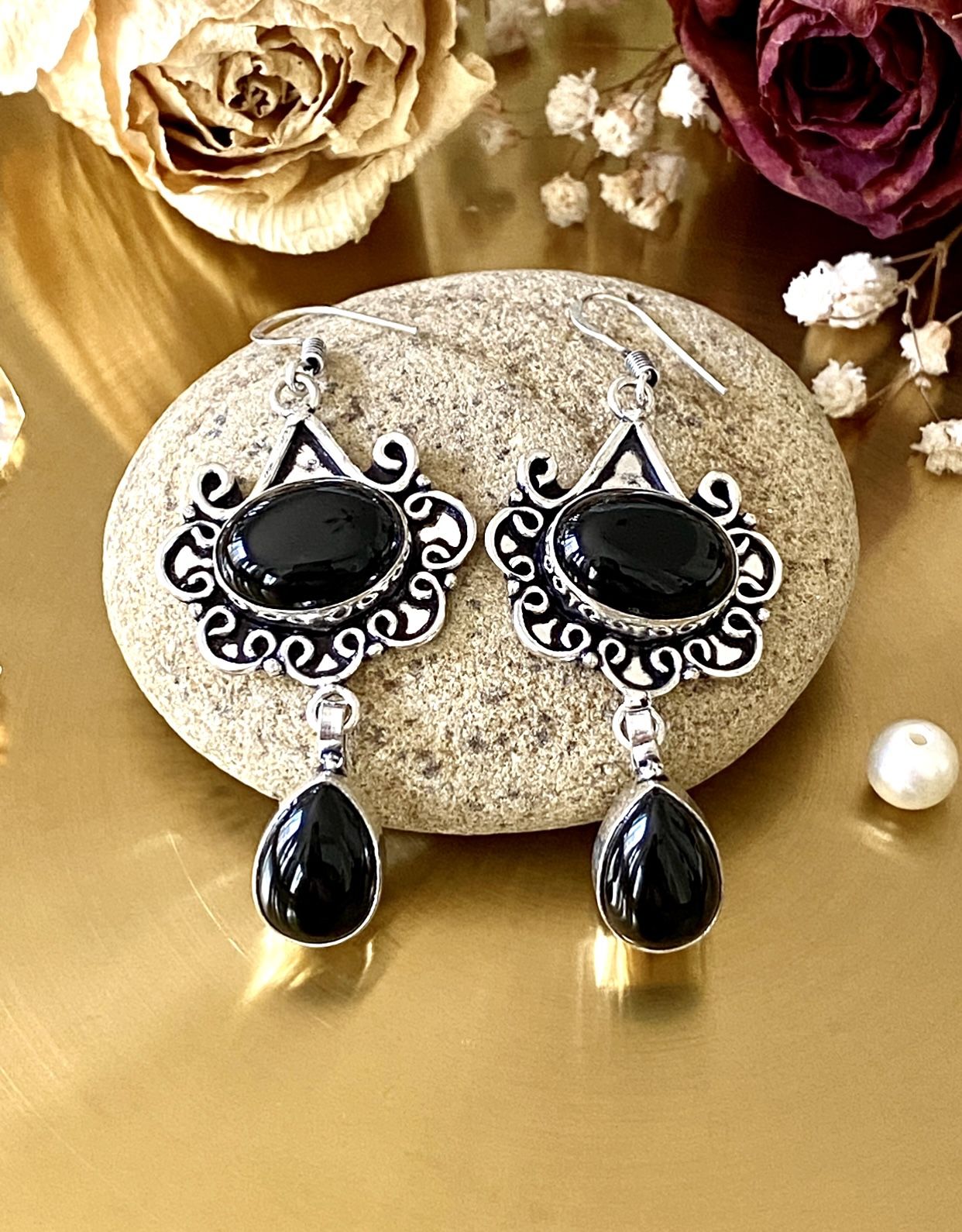 Black Onyx 925 Sterling Silver Overlay Dangling Handcrafted Earrings